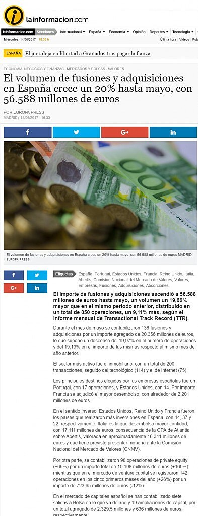 El volumen de fusiones y adquisiciones en Espaa crece un 20% hasta mayo, con 56.588 millones de euros